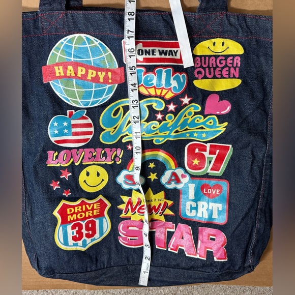 Denim Tote Bag with Colorful Patches - Picture 6 of 10